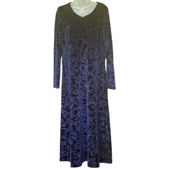 Navy Blue Velvet Burnout Maxi Dress XL Long Sleeve Y2K Gothic Romance Fall - Picture 1 of 9